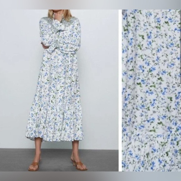 Zara NWT Printed Rustic Smocked High Neck Floral Midi Dress, Size S - Picture 2 of 14